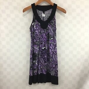 Wrapper Purple Black Floral Paisley Crochet Lace V-Neck Tunic Dress Medium